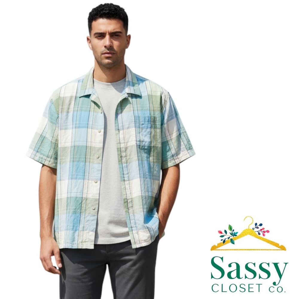 TOMMY BAHAMA 100% Silk Plaid Camp Shirt Men XL Blue EUC